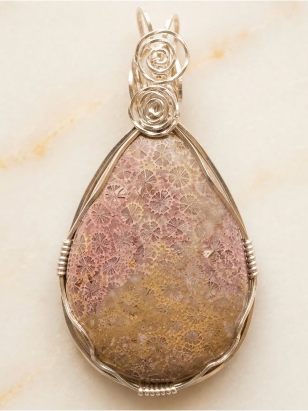 Chrysanthemum Fossil Coral Wire Wrapped Artisan Pendant OOAK 3” x 1.5 “